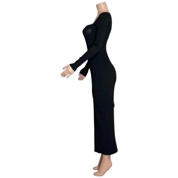 STAUD Silhouette Long Sleeves Ribbed-Knit Maxi Dress, Black, XS